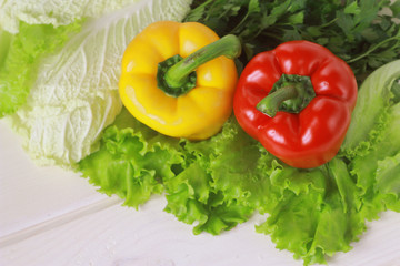 Raw vegetables and herbs: lettuce, sweet pepper, cucumber, chinese cabbage ... Concept healthy food