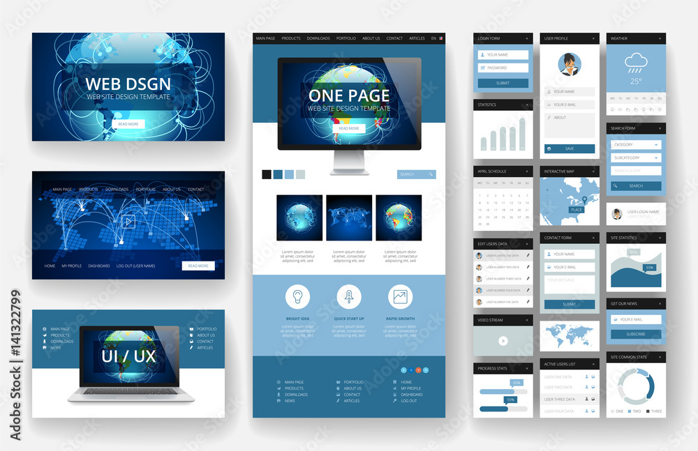 Wall mural website design template and interface elements
