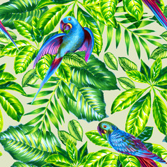 seamless tropical design with parakeets.