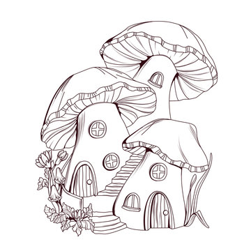 Coloring book: Mushroom houses fairy tale illustration