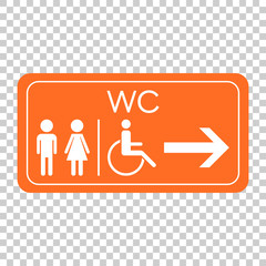 WC, toilet vector icon . Men and women sign for restroom on orange board.