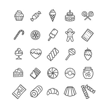 Sweets and Bakery Icon Black Thin Line Set. Vector