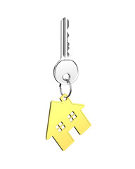 Silver key with house shape key ring
