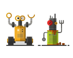 Cute vintage robot technology machine future science toy and cyborg futuristic design robotic element icon character vector illustration.