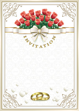 Wedding card invitation with a bouquet of flowers and rings