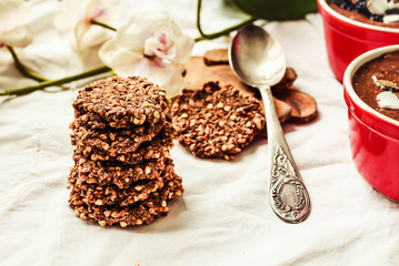 Fototapeta na wymiar Chocolate gluten-free biscuit, with buckwheat, nuts