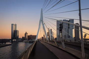 Photo sur Plexiglas Pont Érasme Pont Erasmus Rotterdam et piste cyclable au coucher du soleil , Pays-Bas