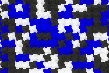 Pattern of black, white and blue twisted pyramid shapes