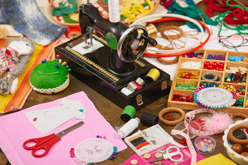 sewing accessories top view, seamstress workplace, many object for needlework, embroidery, handmade and handicraft