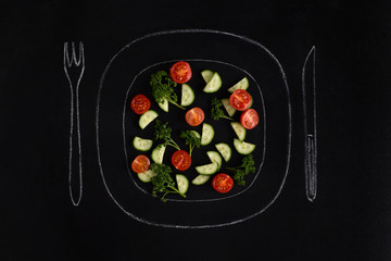 Fresh summer salad on a hand drawn plate with fork and knife