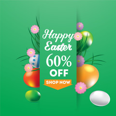 Happy Easter super sale banner, background, template with beautiful colorful spring flowers and eggs.