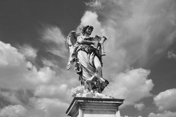Angel statue in Rome with beautiful sky (Black and White)