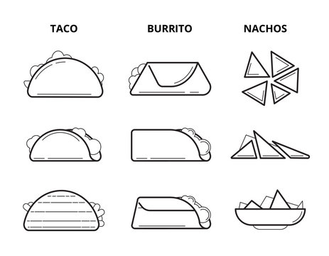 Mexican cuisine food. Taco, burrito and nachos eating snacks line vector set