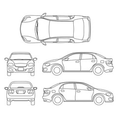 Outline sedan car vector drawing in different point of view - obrazy, fototapety, plakaty