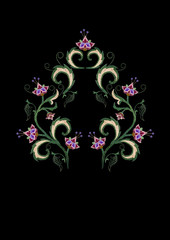 Embroidery stylized bouquet of red and purple flowers with twisted leaves on black background