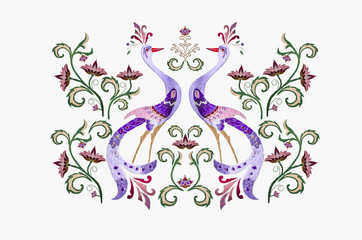 Fototapeta na wymiar Embroidery stylized birds among branch with purple red flowers and twisted leaves on white background