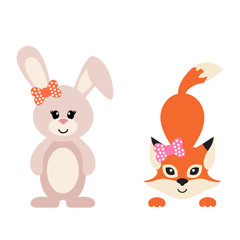 cartoon bunny and fox girl with bow vector