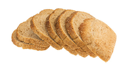 Slices of all natural stone ground whole wheat bread isolated on a white background.