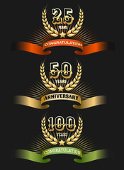 Anniversary logo set isolated on black background. Golden award years celebration labels vector illustration for corporate invitation cards
