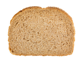 Top view of a single slice of all natural stone ground whole wheat bread isolated on a white background.