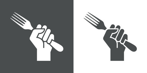 Icono plano mano con tenedor gris y blanco