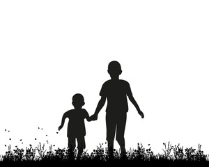 Vector silhouette of children holding hands and running