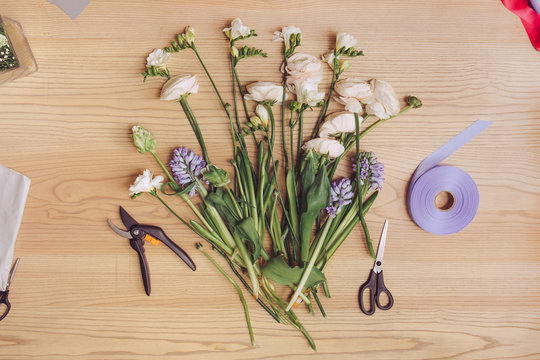 Florist workplace: flowers and accessories