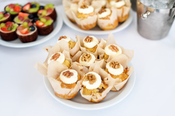 Wedding cakes on the table. Sweet desserts. Selective focus.