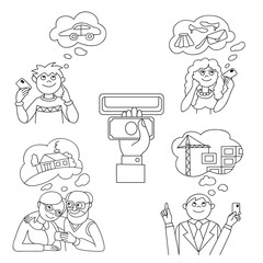 Obraz premium People with credit card dreaming about purchases. Banking set concept illustration.