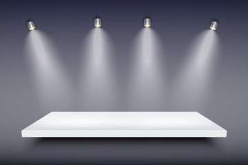 Light box with white presentation platform on dark backdrop with four spotlights. Editable Background Vector illustration.