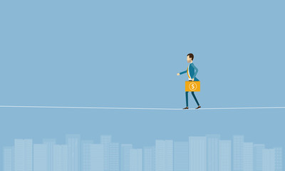 flat business risk concept with business man balancing on the rope above  the city
