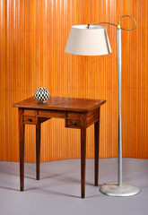 Retro Metal Floor Lamp and Wood Desk with Globe