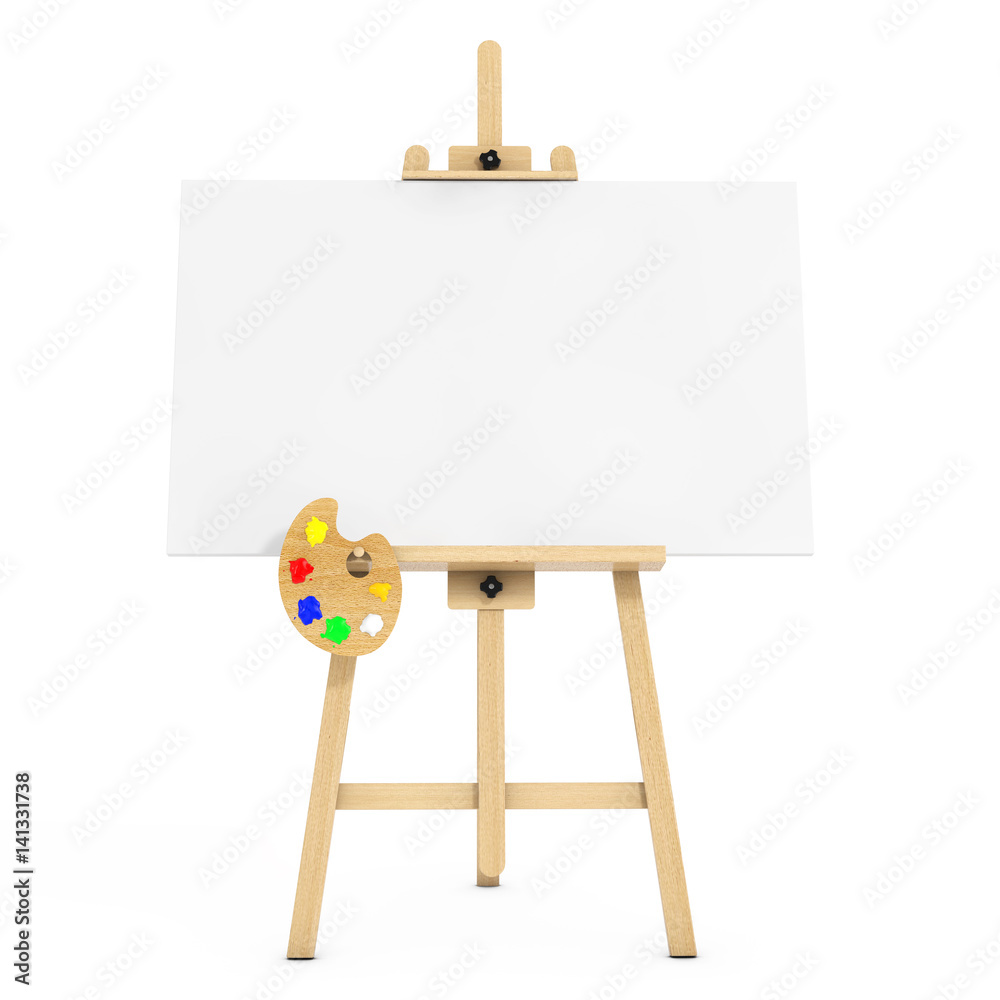 Poster wooden artist easel with white mock up canvas and palette. 3d rendering