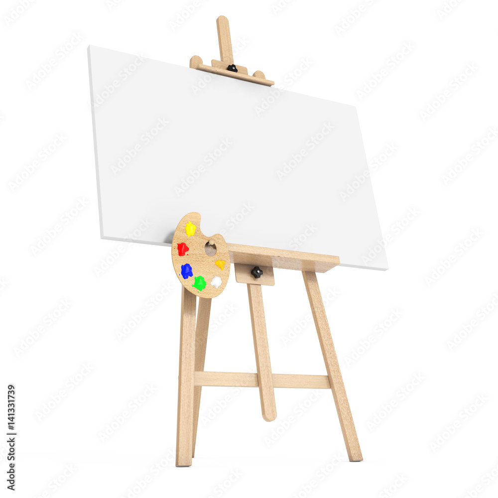 Poster wooden artist easel with white mock up canvas and palette. 3d rendering