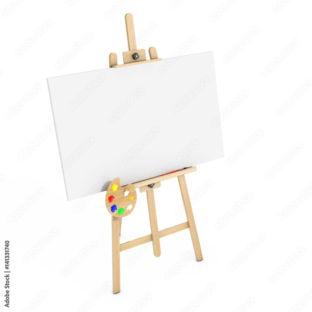 Aufkleber wooden artist easel with white mock up canvas and palette. 3d rendering