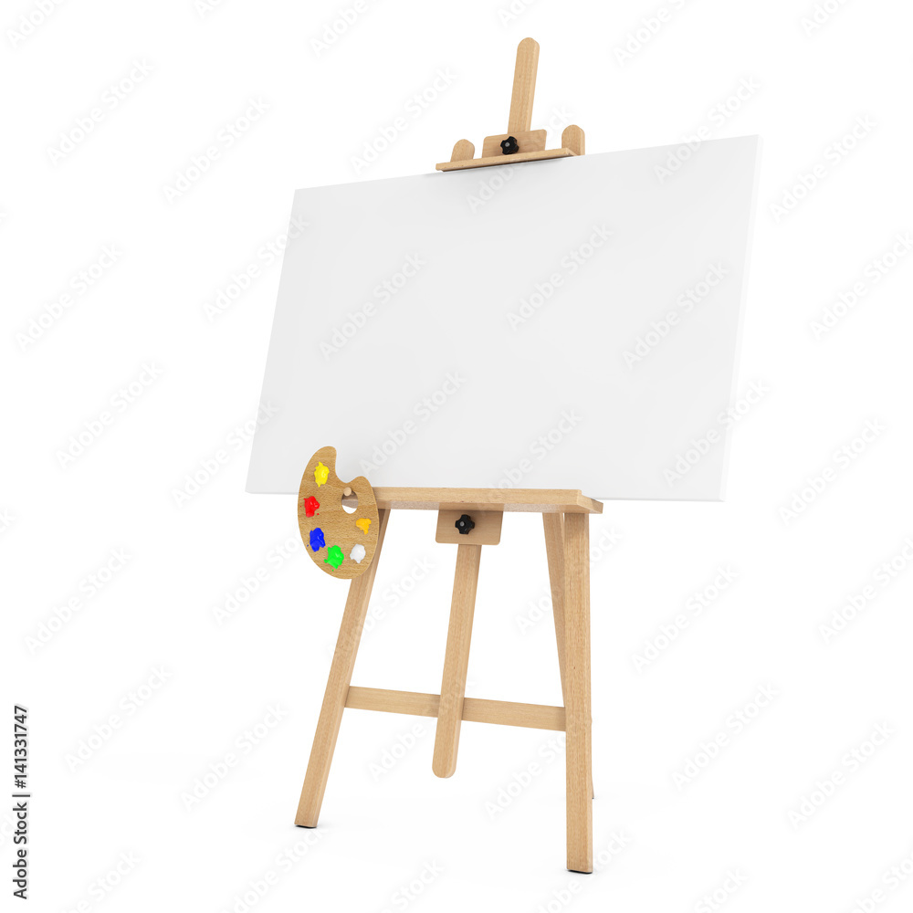 Poster wooden artist easel with white mock up canvas and palette. 3d rendering