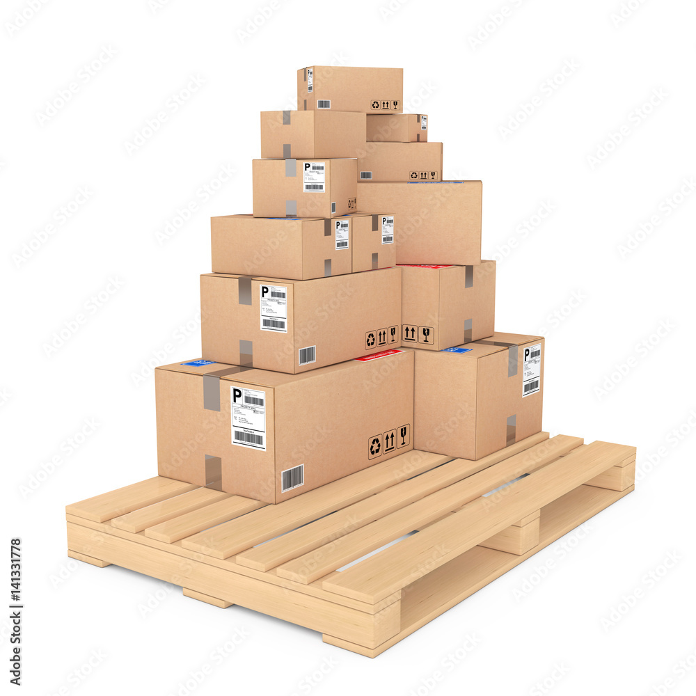 Poster logistics concept. cardboard boxes on wooden palette. 3d rendering