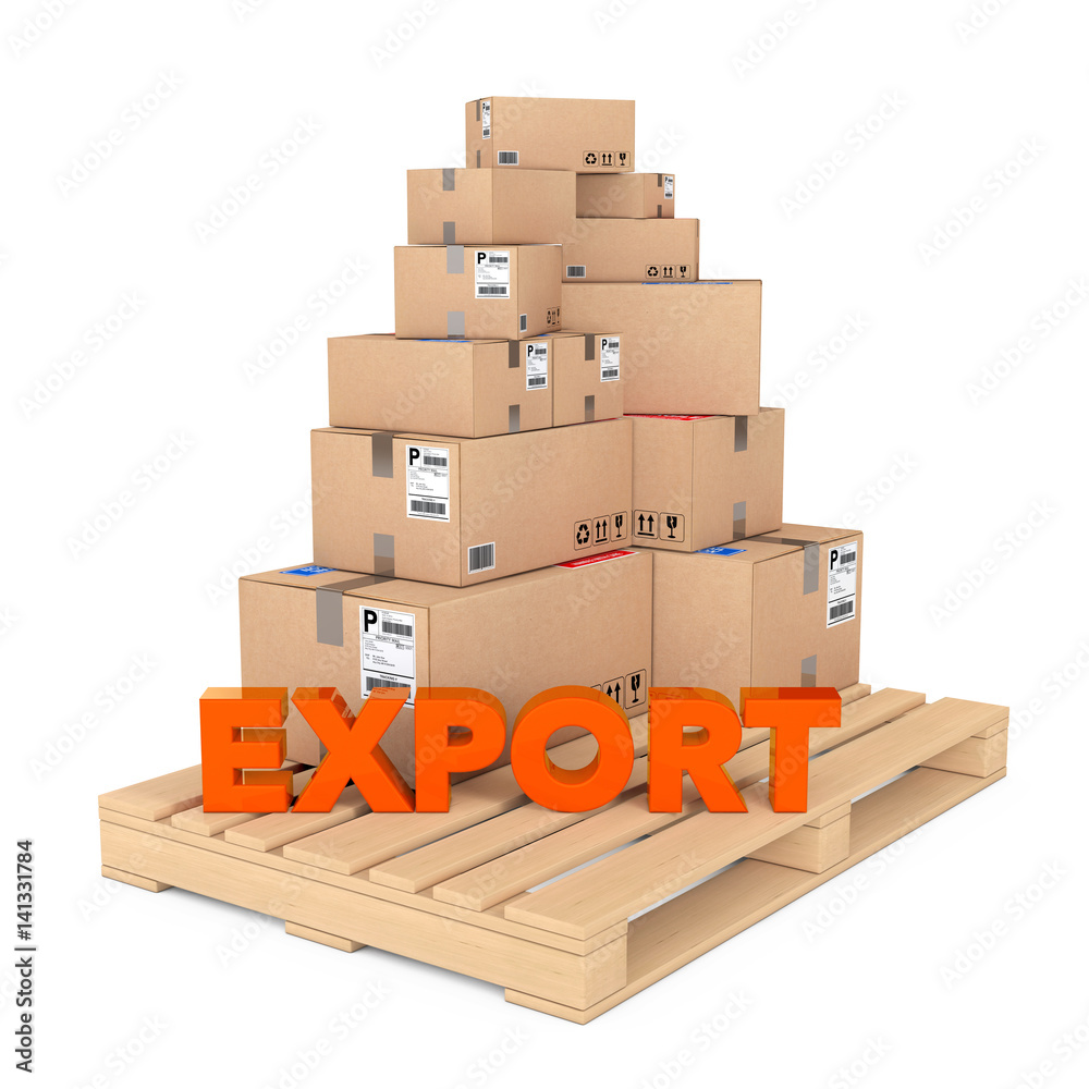 Poster Export concept. Cardboard Boxes on Wooden Palette with Export Sign. 3d Rendering