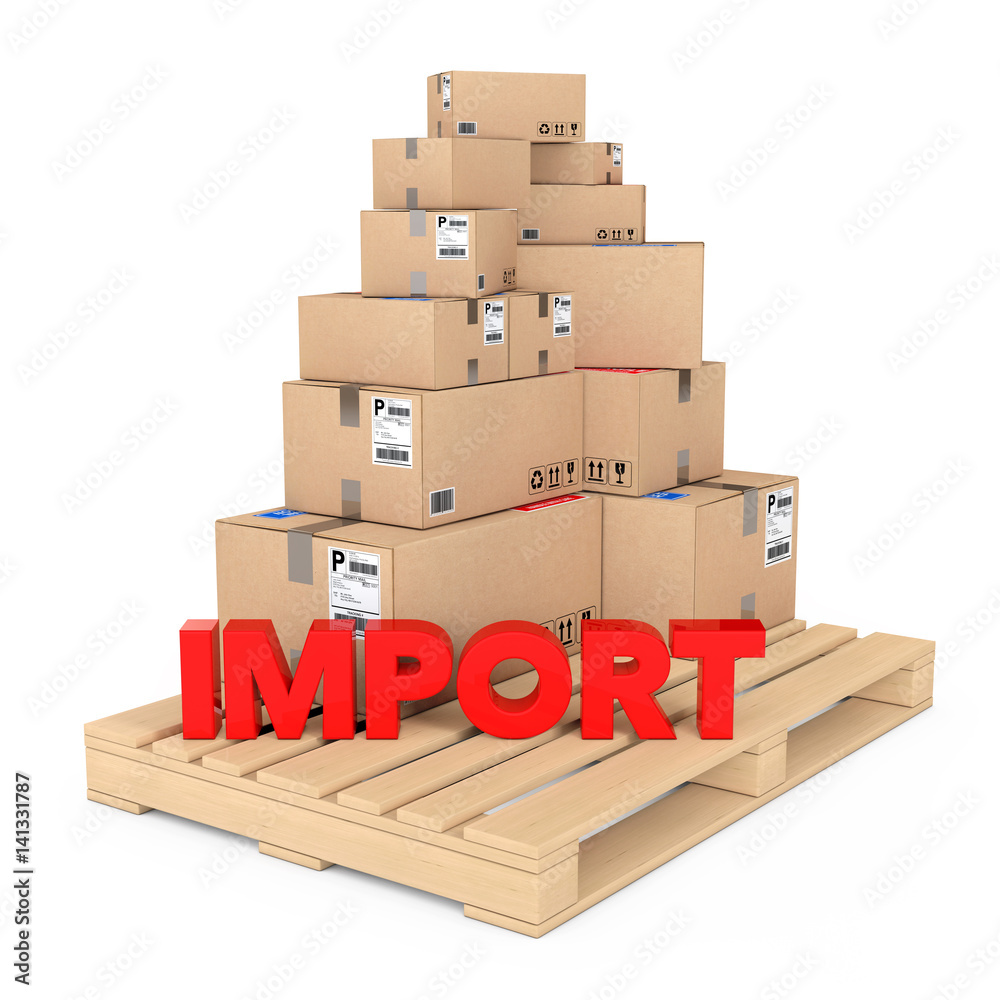 Poster Import concept. Cardboard Boxes on Wooden Palette with Import Sign. 3d Rendering