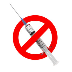 No Drugs Concept. Syringe Crossed with Prohibition Red Symbol. 3d Rendering