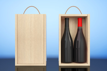 Wine Bottles in Blank Wooden Wine pack with Handle. 3d Rendering