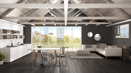 Minimalist mezzanine loft, kitchen, living and bedroom, wooden roofing and parquet floor, scandinavian classic interior design with garden panorama