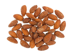 Top view of hickory smoked almonds isolated on a white background.