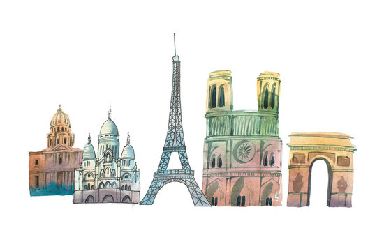 City of Paris Skyline famous landmarks travel and tourism waercolor illustration