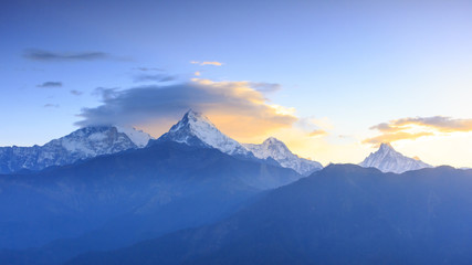 Fototapeta na wymiar Annapurna mountain range and Machapuchare (Fish tail) sunrise view from Poonhill, Nepal