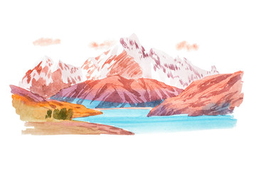 Natural landscape mountains and river watercolor illustration