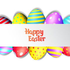 Happy Easter eggs and text on colored background with frame vector illustration