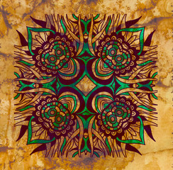 Abstract ornamental frame on old crumpled paper background.