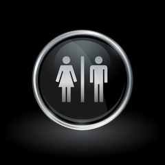 Gender symbol with male and female silhouette icon inside round chrome silver and black button emblem on black background. Vector illustration.