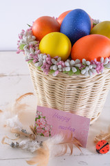 basket with easter eggs, feathers, ladybug and card with wishes